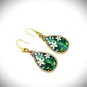 PATRICIA NASH Gold Plated Green & White Flowers Dangle Earrings